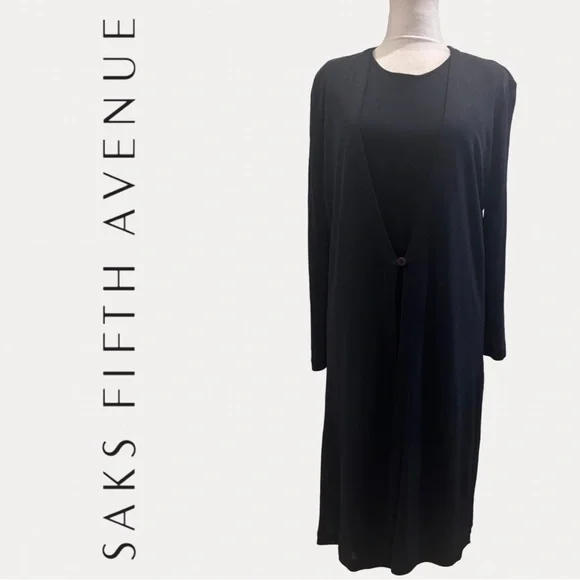 Saks Fifth Avenue 2 Piece Black Formal Dress & 1 Button Cardigan 10 Vintage VGC - Picture 2 of 16